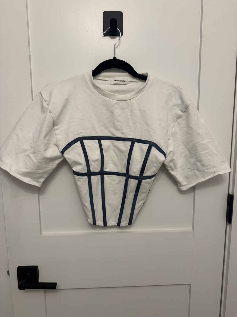 Maniere De Voir White Tee with Navy Corset Trim